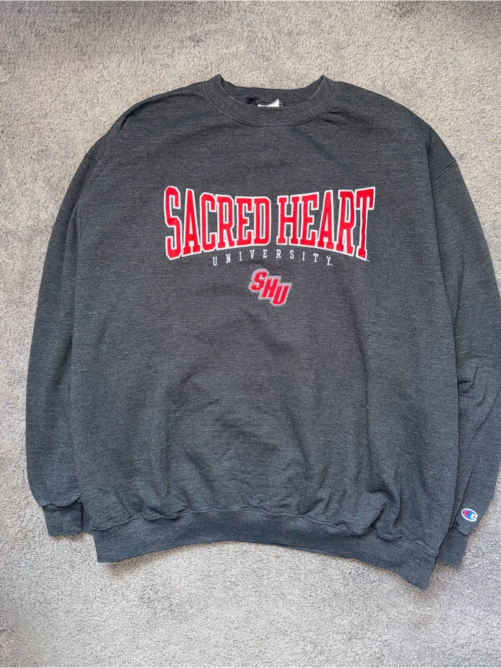 Champion Charcoal Crewneck with Red Sacred Heart University Print